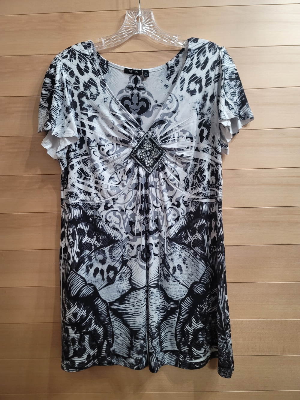Ariya Black & White Jeweled Twist-Front Tunic
